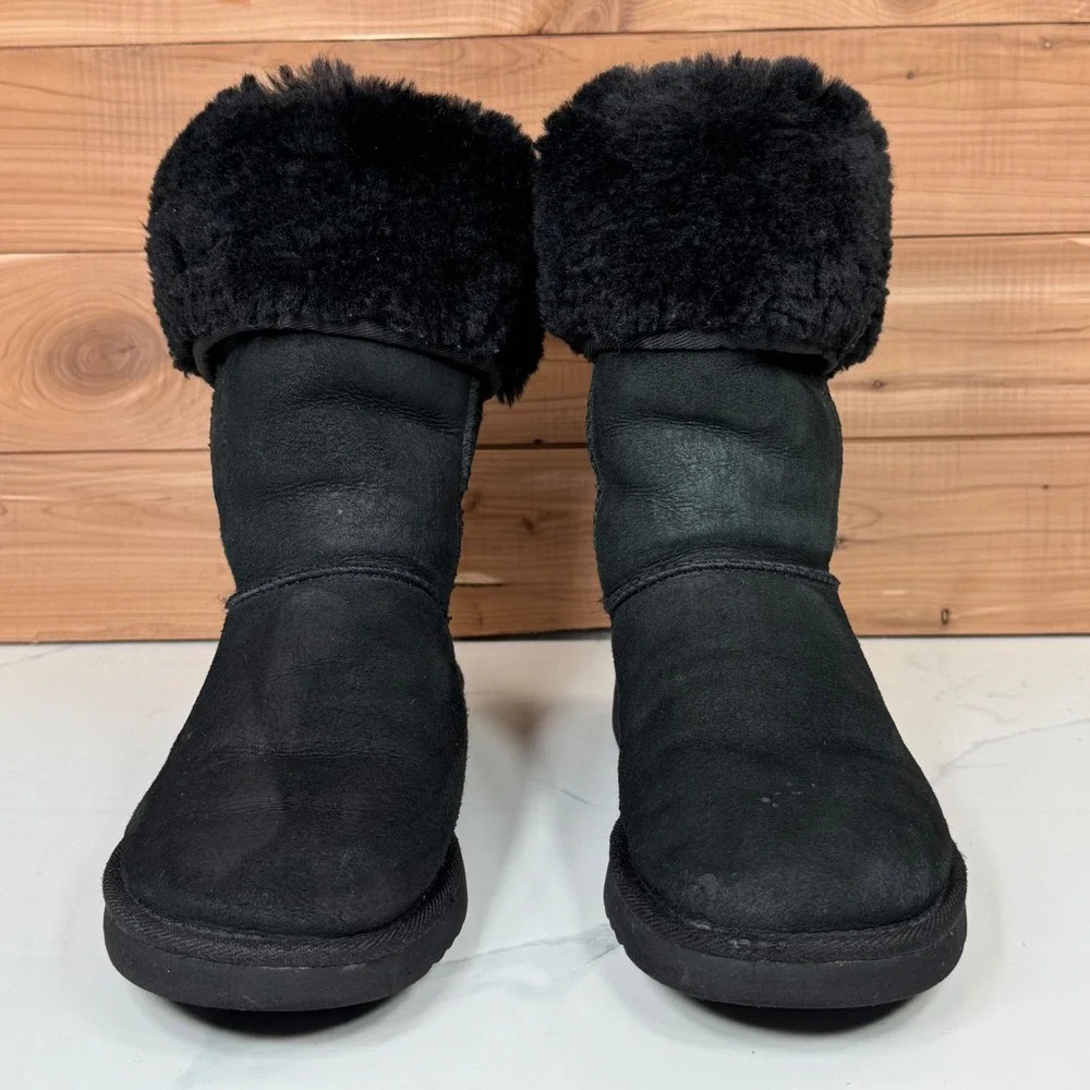 Black UGG Australia Tall Boots Sheepskin Fur Lined Fold‎ Over Cuff Women's 7